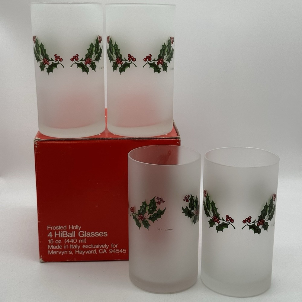 Set 4 Cerve Italy Frosted Holly & Berries HiBall High Ball Glasses w/Box Mervyns